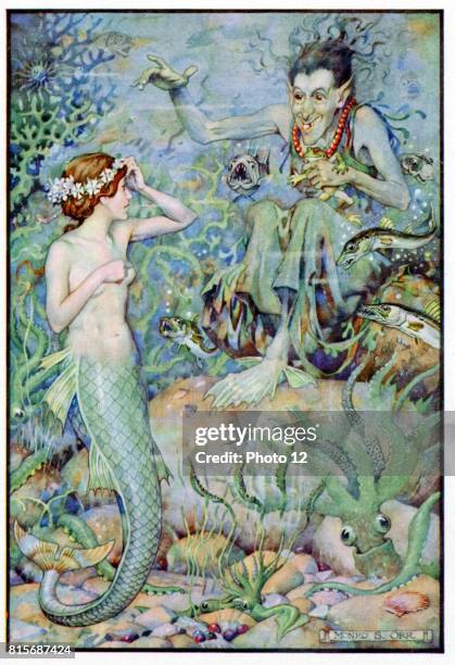 The Little Mermaid visiting the undersea witch for spell to help win love of prince she rescued from shipwreck. Hans Christian Andersen fairy story...
