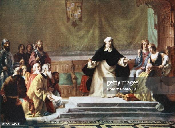 Expulsion of Jews from Spain, 1492. Artist's impression Ferdinand and Isabella being petitioned for mercy but prelate holds cross in front of them in...