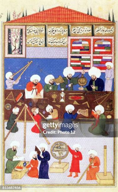 The astronomer Takiuddin at his observatory at Galata, 1581 showing astronomical instruments in use at the time. After an illuminated manuscript.