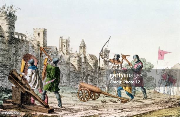 Hundred Years War between France and England. English troops attacking the walls of a French town with early cannon and both longbows and crossbows...