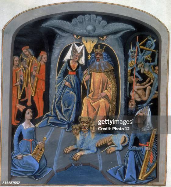 Pluto and Persephone enthroned. God and goddess of the underworld, with the 3-headed dog, Cerberus at their feet. Females in foreground play Harp and...