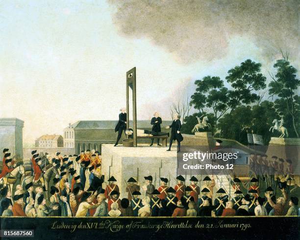 Execution by guillotine of Louis XVI of France, 21 January 1793. Louis lying bound on guillotine waiting for blade to fall and decapitate him. Basket...