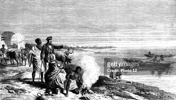 David Livingstone Scottish missionary and African explorer, with members of his expedition and his wife and family discovering Lake Ngami, Botswana...