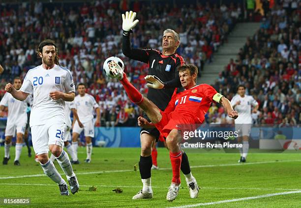 Sergei Semak of Russia passes the ball past goalkeeper Antonios Nikopolidis of Greece during the UEFA EURO 2008 Group D match between Greece and...