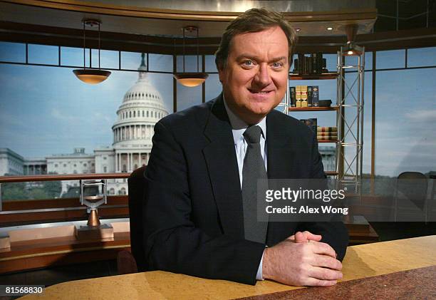 Moderator Tim Russert poses for a portrait at the set of Meet the Press January 26, 2003 at the NBC studios in Washington, DC. Russert died June 13,...