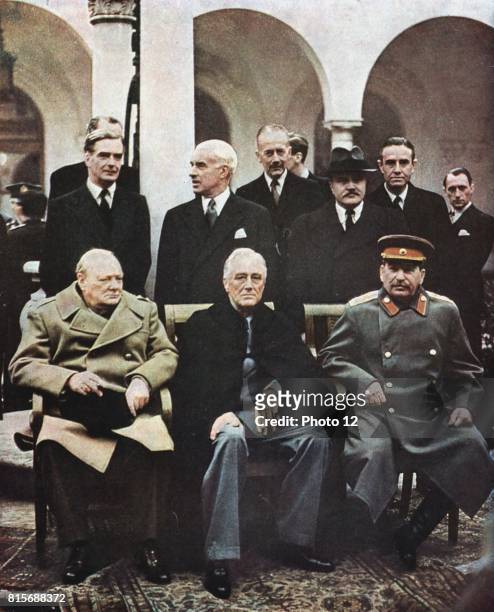 Yalta Conference of Allied leaders, 4-11 February 1945. Seated left to right: Churchill, FD Roosevelt and Stalin with their respective foreign...