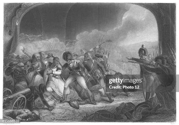 Tippoo Sultan Sultan of Mysore, slain at fall of Seringapatam, 6 February 1799. English forces led by General George Harris . Engraving.