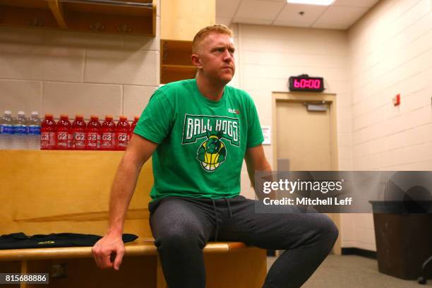 Brian Scalabrine of the Ball Hogs prepares in the locker room during week four of the BIG3 three on three basketball league at Wells Fargo Center on...