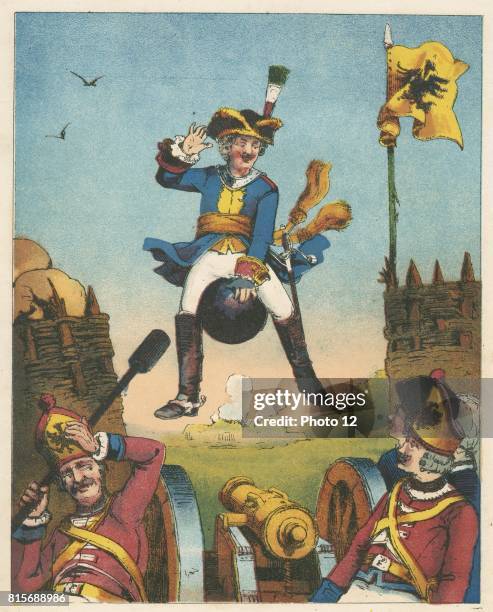 Munchausen, surprising artillerymen by arriving in their midst mounted on a cannon ball. From RE Raspe "The Travels and Surprising Adventures of...