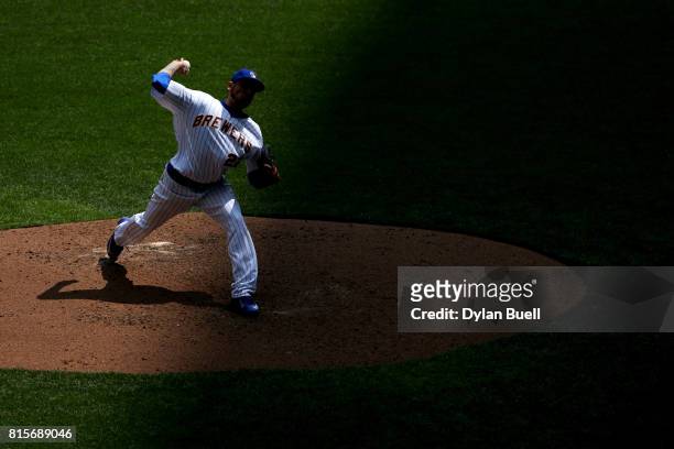 Matt Garza of the Milwaukee Brewers pitches in the fifth inning against the Philadelphia Phillies at Miller Park on July 16, 2017 in Milwaukee,...