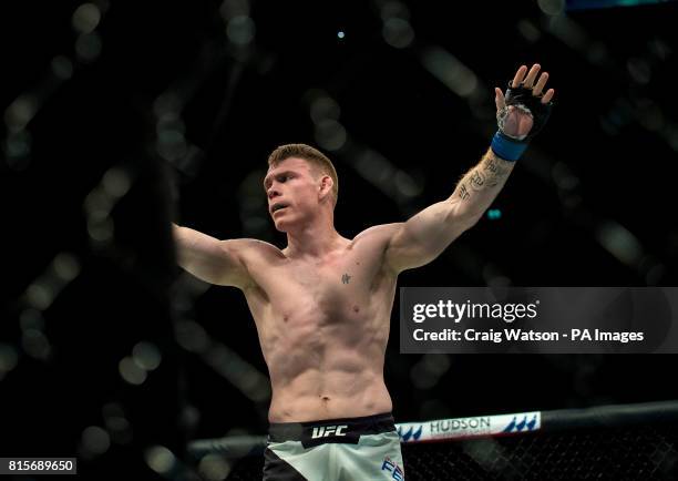 Paul Felder celebrates defeating Stevie Ray in their lightweight bout during the UFC Fight Night at the SSE Hyrdo, Glasgow.