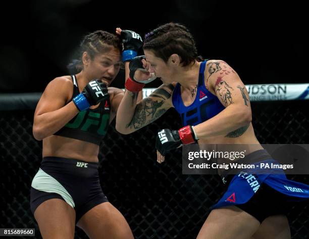 Joanne Calderwood is defeated by Cynthia Calvillo in their strawweight bout during the UFC Fight Night at the SSE Hyrdo, Glasgow.