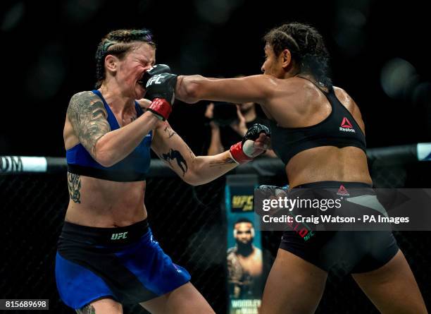 Joanne Calderwood is defeated by Cynthia Calvillo in their strawweight bout during the UFC Fight Night at the SSE Hyrdo, Glasgow.