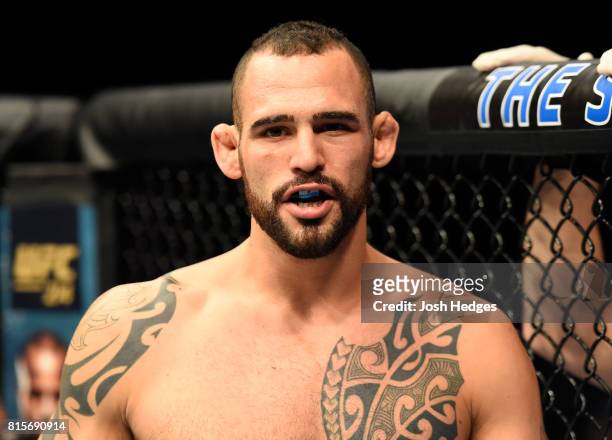 Santiago Ponzinibbio of Argentina enters the Octagon before facing Gunnar Nelson of Iceland in their welterweight bout during the UFC Fight Night...