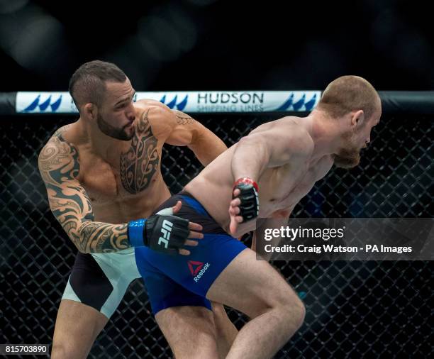 Gunner Nelson in action against Santiago Ponzinibbio in the first round of their welterweight bout during the UFC Fight Night at the SSE Hyrdo,...