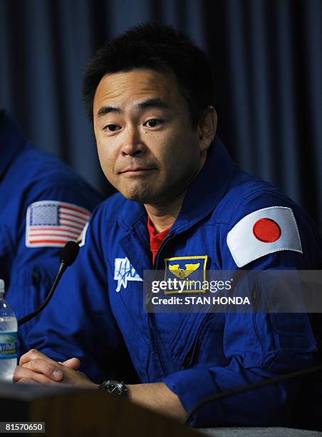 Space shuttle Discovery crew member Japan Aerospace Exploration Agency astronaut Akihiko Hoshide at press conference on June 14, 2008 after Discovery...