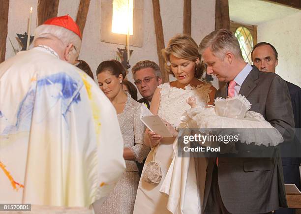 Cardinal Danneels, Princess Victoria of Sweden, Princess Mathilde of Belgium and Prince Philippe of Belgium with Princess Eleonore of Belgium...