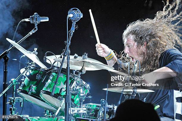 My Morning Jacket performs on stage during Bonnaroo 2008 on June 13, 2008 in Manchester, Tennessee.