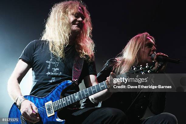 Biff Byford and Doug Scarratt of Saxon performs on the Gibson stage during Day 2 of the Download 2008 Festival on June 14, 2008 in Donington Park in...