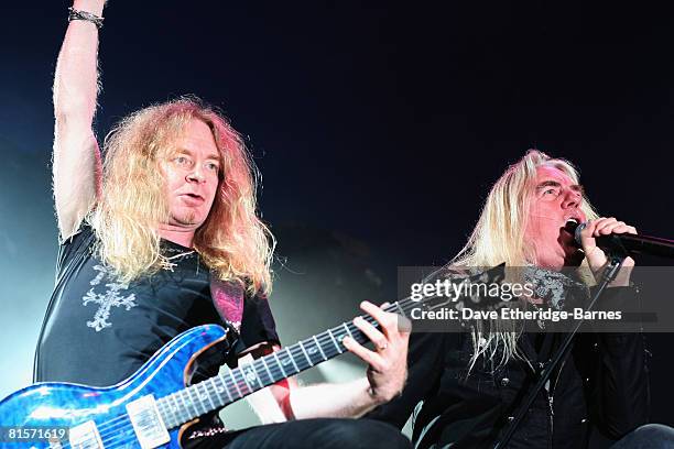 Biff Byford and Doug Scarratt of Saxon performs on the Gibson stage during Day 2 of the Download 2008 Festival on June 14, 2008 in Donington Park in...