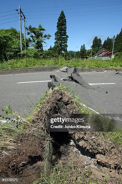 Road is heavily damaged following a 7.2 magnitude earthquake on June 15, 2008 in Ichinoseki, Iwate, Japan. At least 6 people died and ten were...