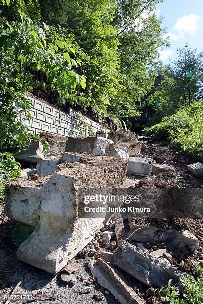 Wall of a house is damaged following a 7.2 magnitude earthquake on June 15, 2008 in Ichinoseki, Iwate, Japan. At least 6 people died and ten were...