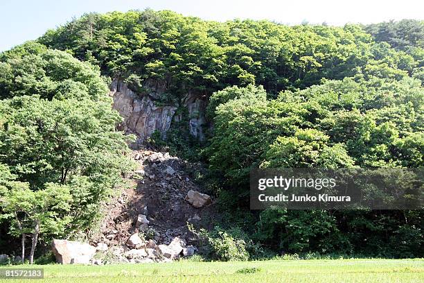 Landslide occurs following a 7.2 magnitude earthquake on June 15, 2008 in Ichinoseki, Iwate Prefecture Japan. At least 6 people died and ten were...