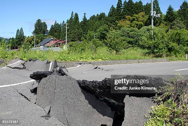 Road is heavily damaged following a 7.2 magnitude earthquake on June 15, 2008 in Ichinoseki, Iwate, Japan. At least 6 people died and ten were...