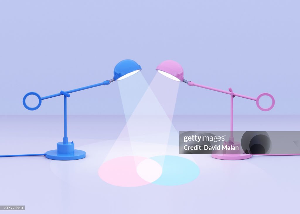 Blue and pink lamps creating a venn diagram