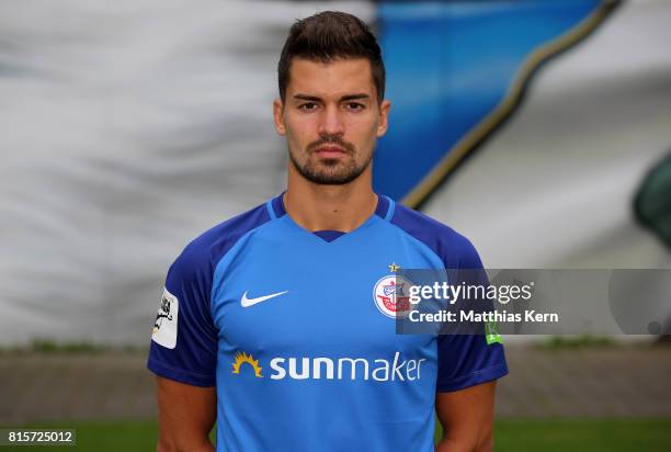 Julian Riedel of FC Hansa Rostock poses during the team presentation at Ostseestadion on July 16, 2017 in Rostock, Germany.