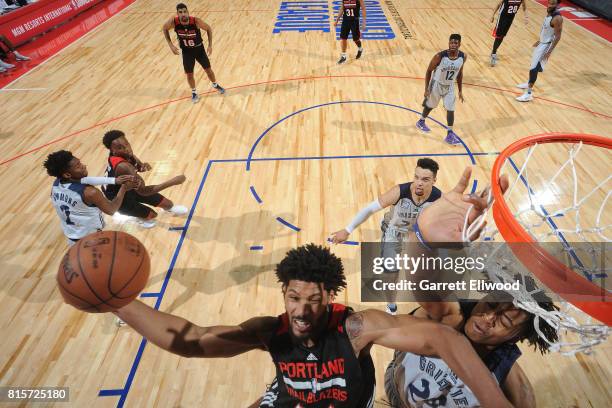 Keith Benson of the Portland Trail Blazers goes to the basket against the Memphis Grizzlies during the 2017 Summer League Semifinals on July 16, 2017...