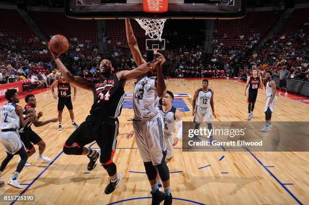 Keith Benson of the Portland Trail Blazers goes to the basket against the Memphis Grizzlies during the 2017 Summer League Semifinals on July 16, 2017...