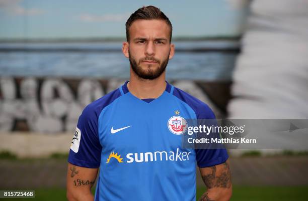 Fabian Holthaus of FC Hansa Rostock poses during the team presentation at Ostseestadion on July 16, 2017 in Rostock, Germany.