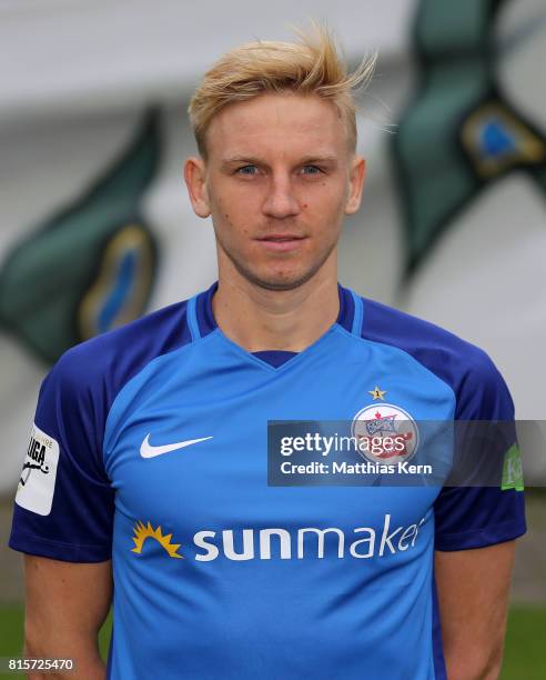 Willi Evseev of FC Hansa Rostock poses during the team presentation at Ostseestadion on July 16, 2017 in Rostock, Germany.