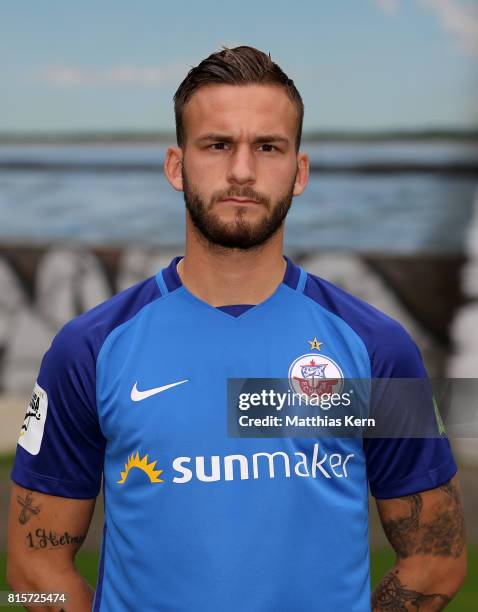 Fabian Holthaus of FC Hansa Rostock poses during the team presentation at Ostseestadion on July 16, 2017 in Rostock, Germany.