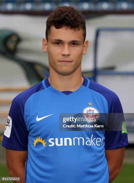 Lukas Scherff of FC Hansa Rostock poses during the team presentation at Ostseestadion on July 16, 2017 in Rostock, Germany.