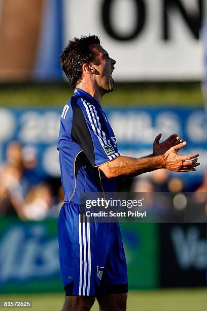 Kerry Zavagnin of the Kansas City Wizards screams in frustration during the game against the Columbus Crew on June 14, 2008 at CommunityAmerica...