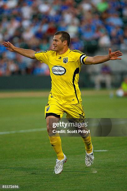 Alejandro Moreno of the Columbus Crew celebrates after scoring the third goal of the game against the Kansas City Wizards on June 14, 2008 at...