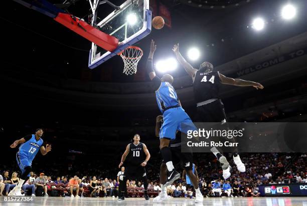 Cuttino Mobley of Power shoots against Ivan Johnson of the Ghost Ballers during week four of the BIG3 three on three basketball league at Wells Fargo...