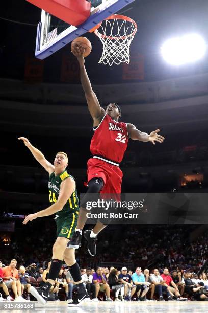 Rashad McCants of Trilogy shoots against Brian Scalabrine of the Ball Hogs during week four of the BIG3 three on three basketball league at Wells...