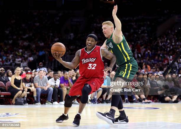 Rashad McCants of Trilogy handles the ball against Brian Scalabrine of the Ball Hogs during week four of the BIG3 three on three basketball league at...