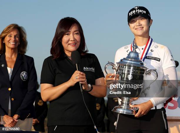 Open champion Sung Hyun Park of Korea addresses the fans with her interpreter after the final round of the U.S. Women's Open on July 16, 2017 at...