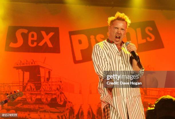 John Lydon of the Sex Pistols performs on the Main Stage during Day 2 of the Isle Of Wight Festival 2008 on June 14, 2008 in Newport , England.