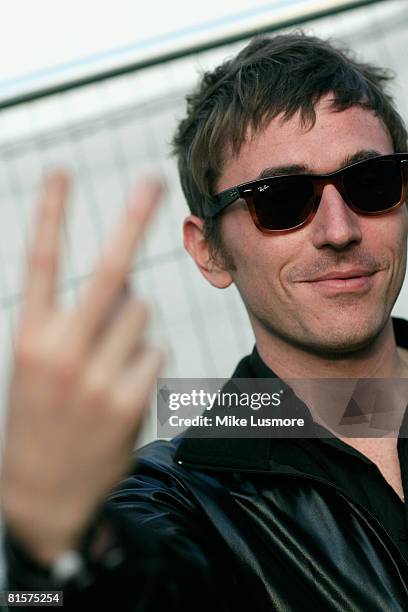 Drew McConnel from Babyshambles poses for a photograph backstage in the Ray-Ban tent at the Isle of Wight Festival on June 14, 2008 in the Isle of...