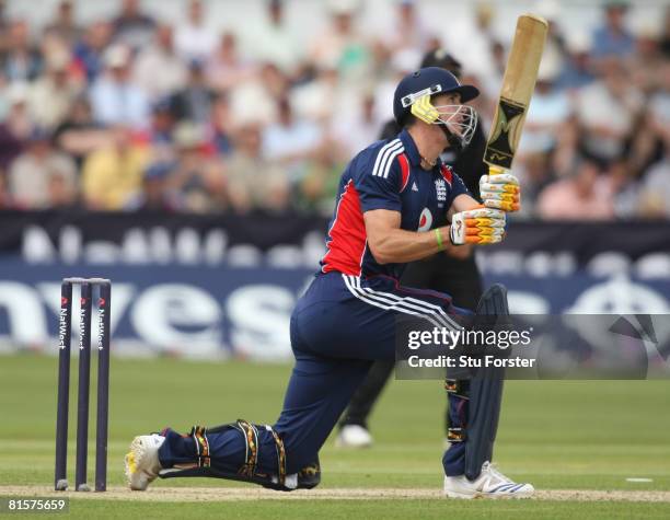 Kevin Pietersen of England hits a left handed sweep during the NatWest Series One Day International match between England and New Zealand at...