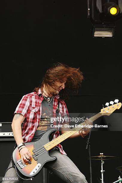 Jon Lawhon of Black Stone Cherry performs on the main stage during Day 3 of the Download 2008 Festival on June 15, 2008 at Donington Park in Castle...