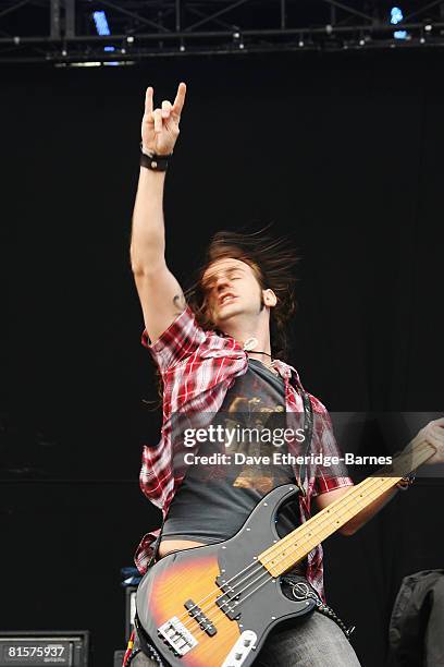 Jon Lawhon of Black Stone Cherry performs on the main stage during Day 3 of the Download 2008 Festival on June 15, 2008 at Donington Park in Castle...