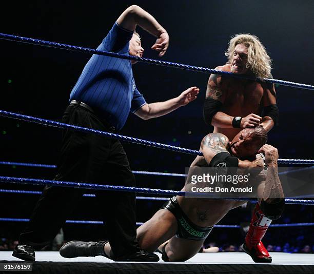 Edge takes on Batista during the WWE Smackdown at Acer Arena June 15, 2008 in Sydney, Australia.