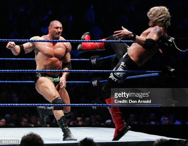 Edge takes on Batista during the WWE Smackdown at Acer Arena June 15, 2008 in Sydney, Australia.