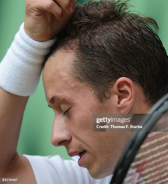 Philipp Kohlschreiber of Germany looks dejected during the final match against Roger Federer of the Gerry Weber Open on June 15, 2008 at the Gerry...